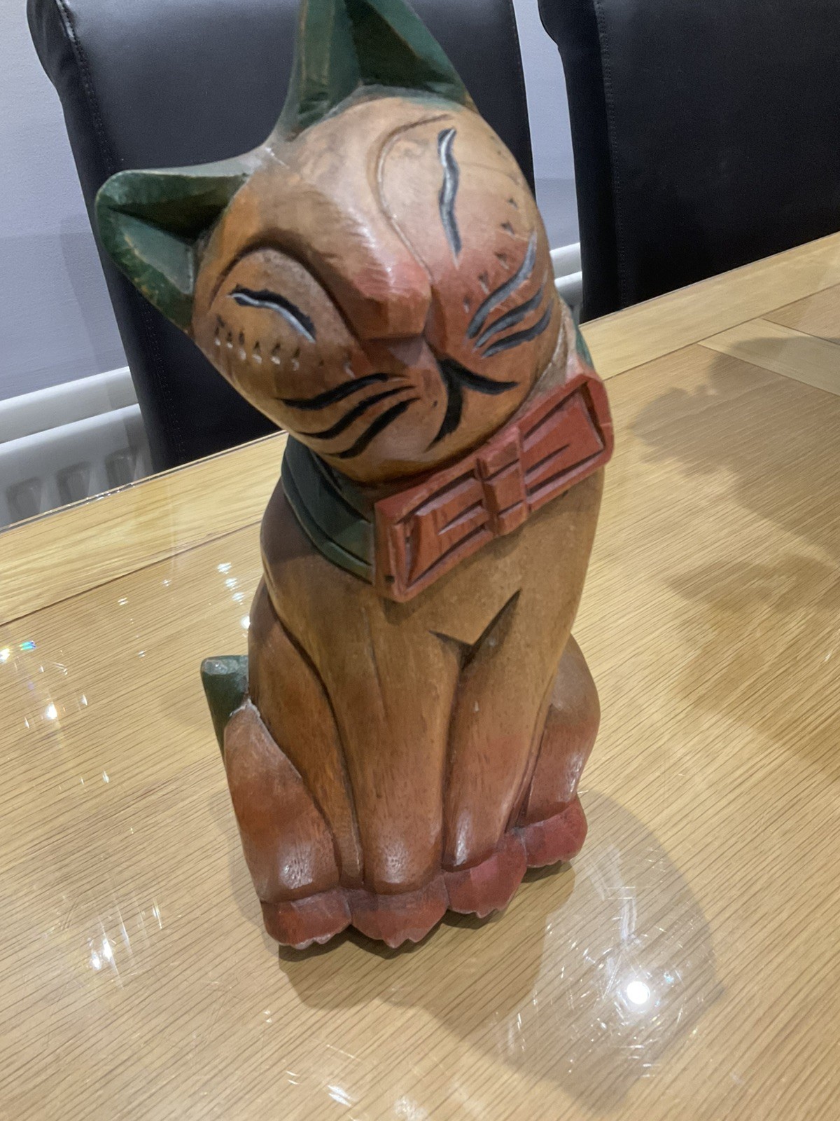 Vintage Folk Art Carved & Stained Light Weight Wooden Cat Figure 12 inches tall