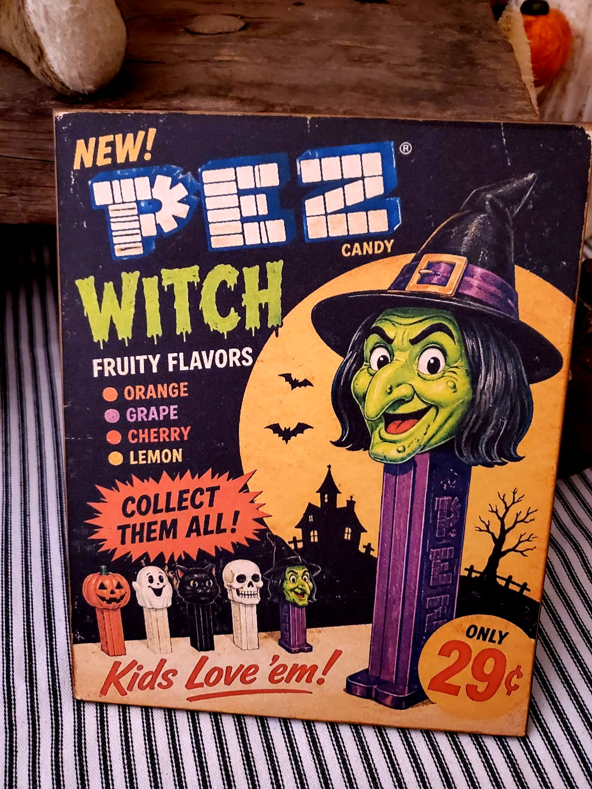 PEZ WITCH OLD PRIMITIVE RETRO VINTAGE STYLE HALLOWEEN STORE AD ONLY 29 CENT SIGN