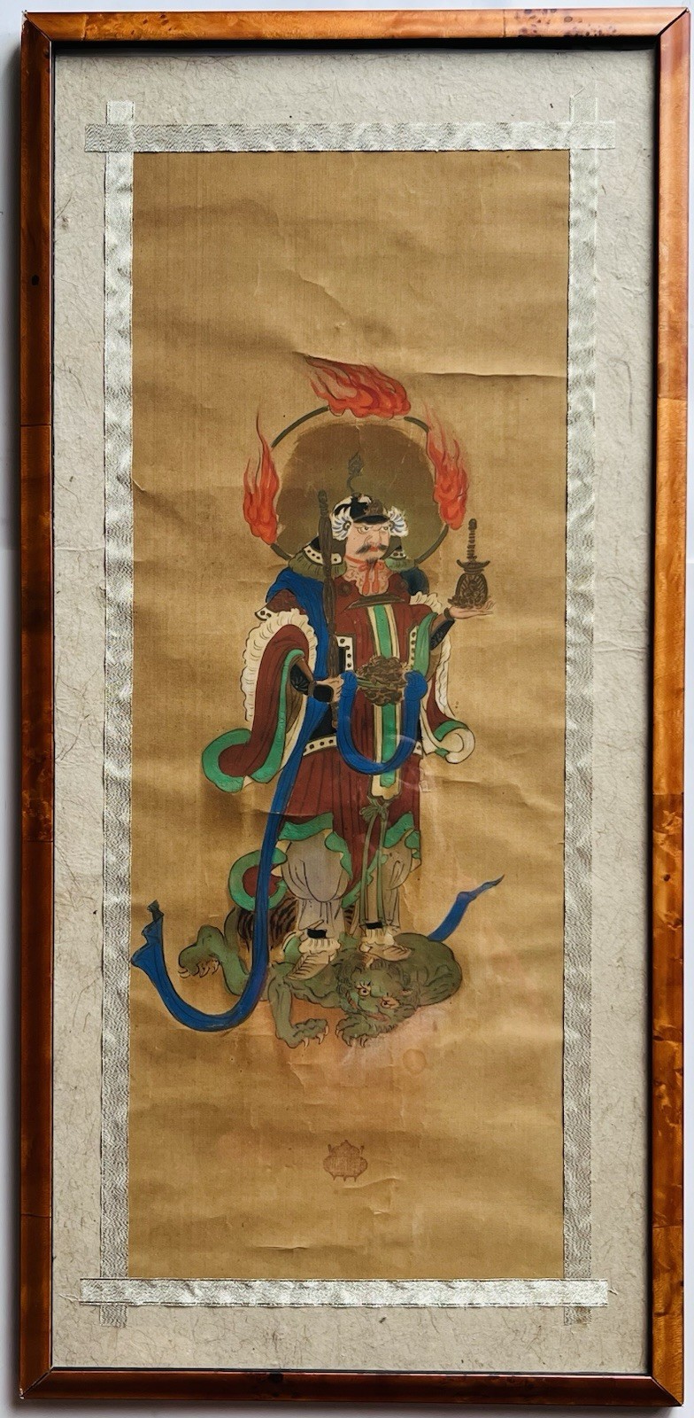 19th Century Chinese China Scroll Silk Painting Buddhism Guardian 3 Rings Fire