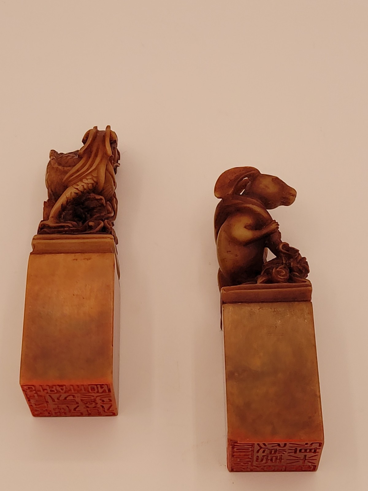 ANTIQUE Lot of 2 China Chinese Stone Hand Carved Dragon & Rabbit Seal Stamp