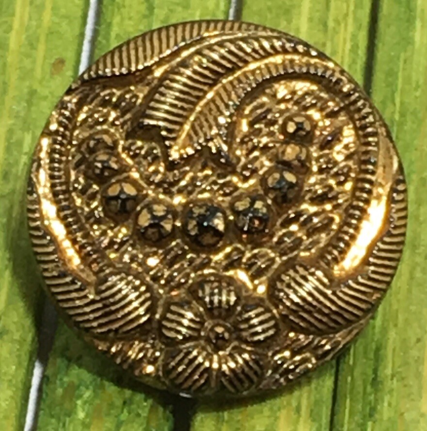 Antique Black Glass Button Floral Lacey Gold Foil Relief Bead Tunnel Shank 1/2″