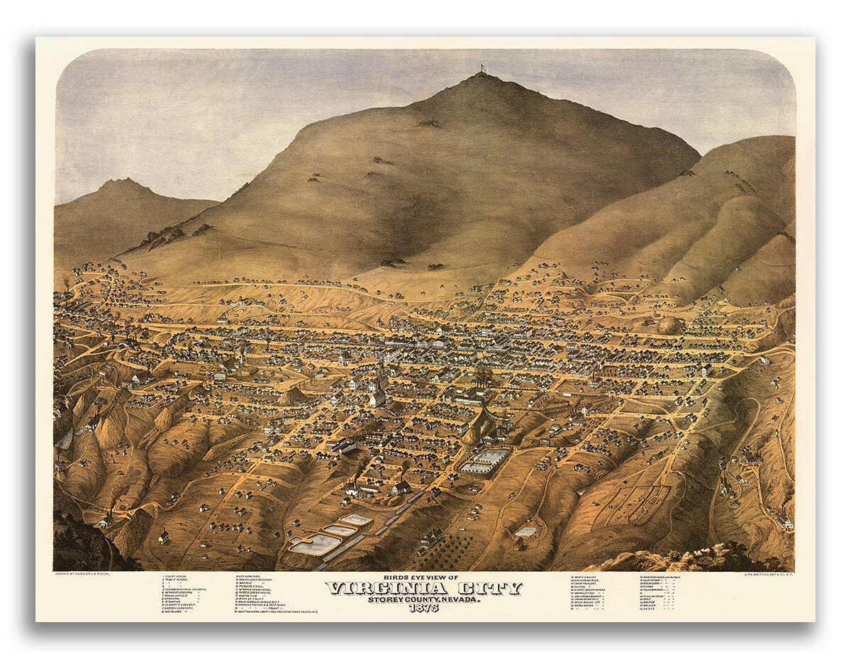 1875 Virginia City Nevada Vintage Old Panoramic City Map – 20×28
