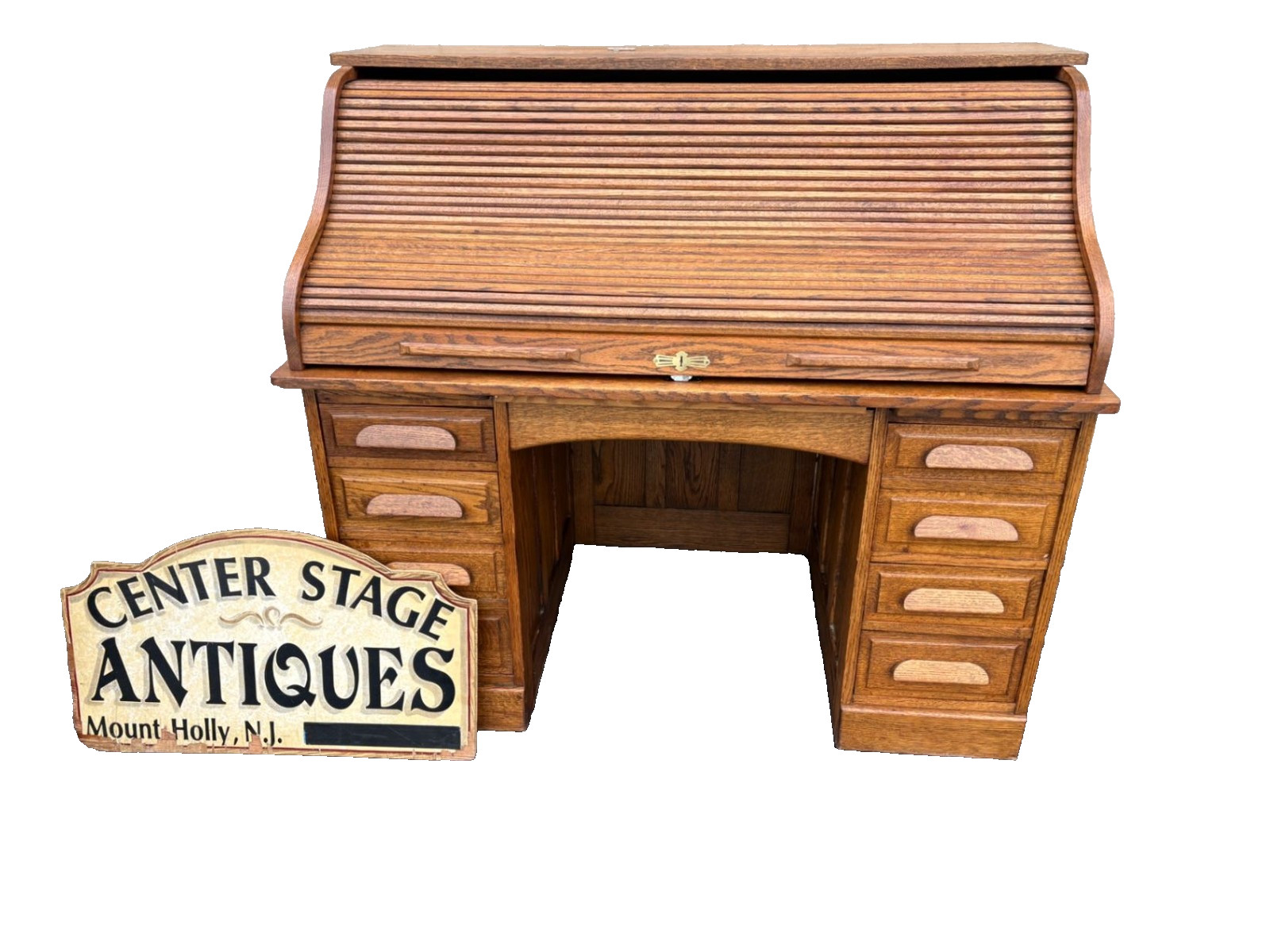 67465 Antique Oak Roll Top Desk, Early 1900s, Solid Oak