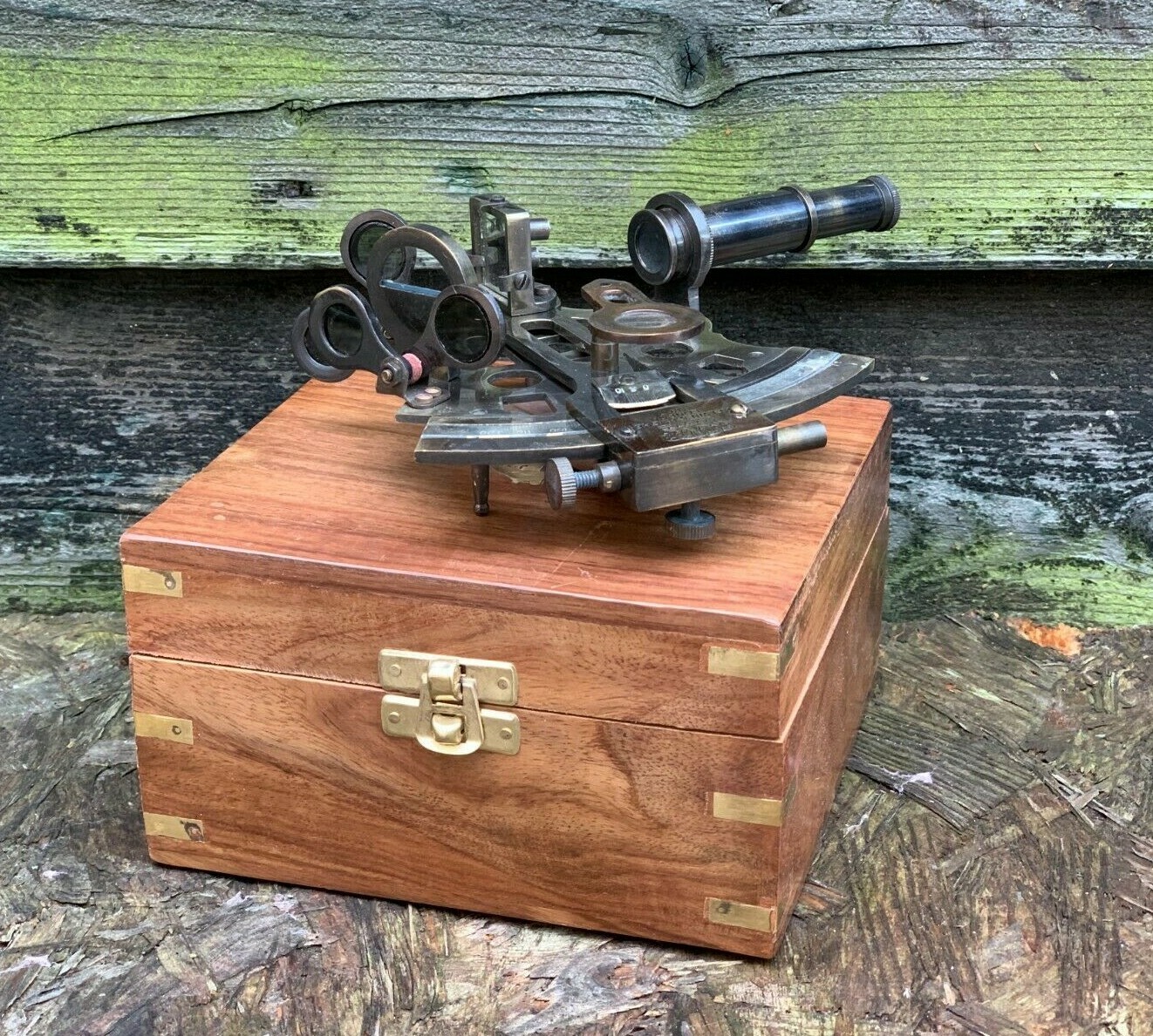 Antique Brass Pocket Sextant Navigation Nautical Marine Vintage Wooden Box