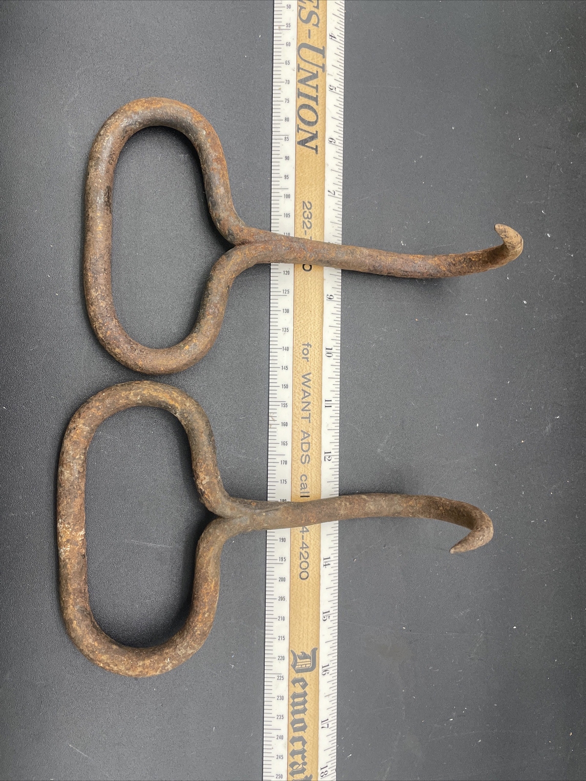 Hand Forged Antique Haybale Hooks Gaffs Set Of Two Rustic Farm Implements