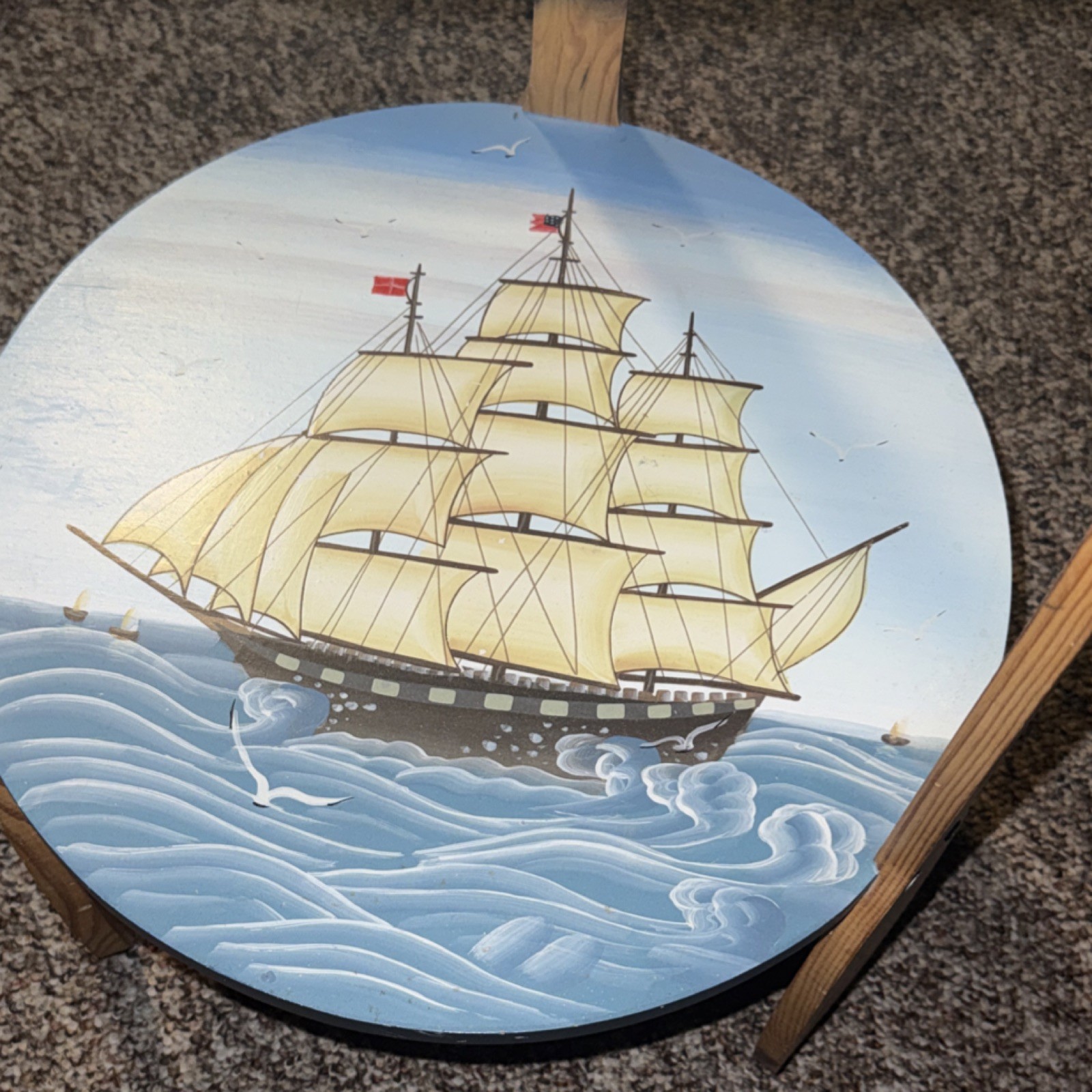 Hand Painted Lighthouse Antique Round Wood Accent Table, 16x16x29 in, Multicolor