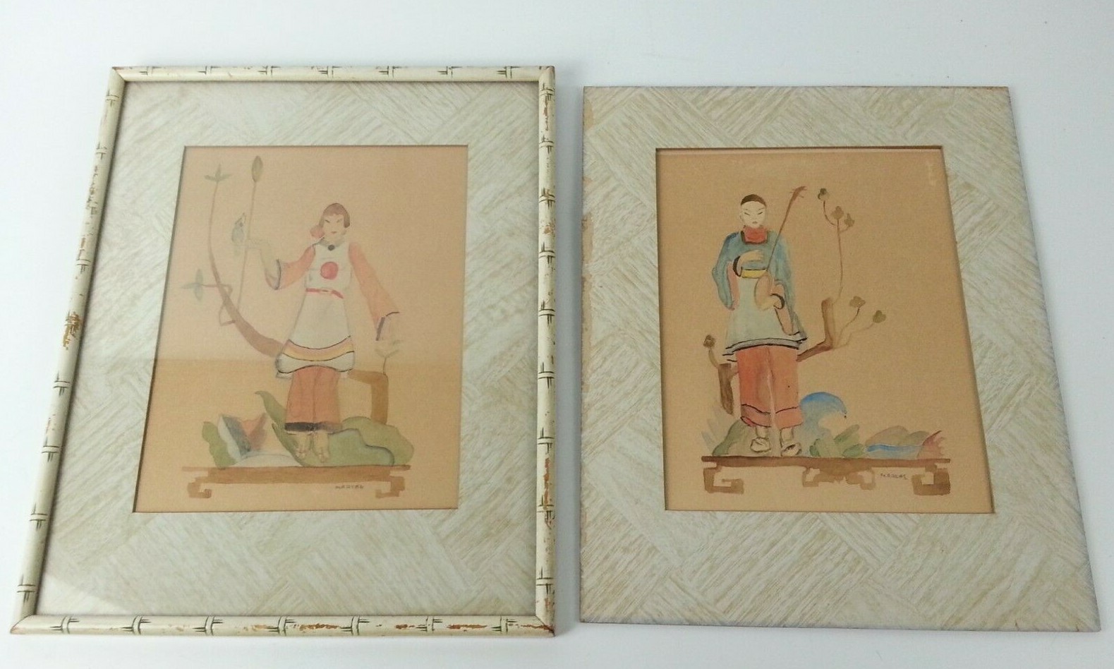 Antique Oriental Japanese Chinese Water Color Marcae Art
