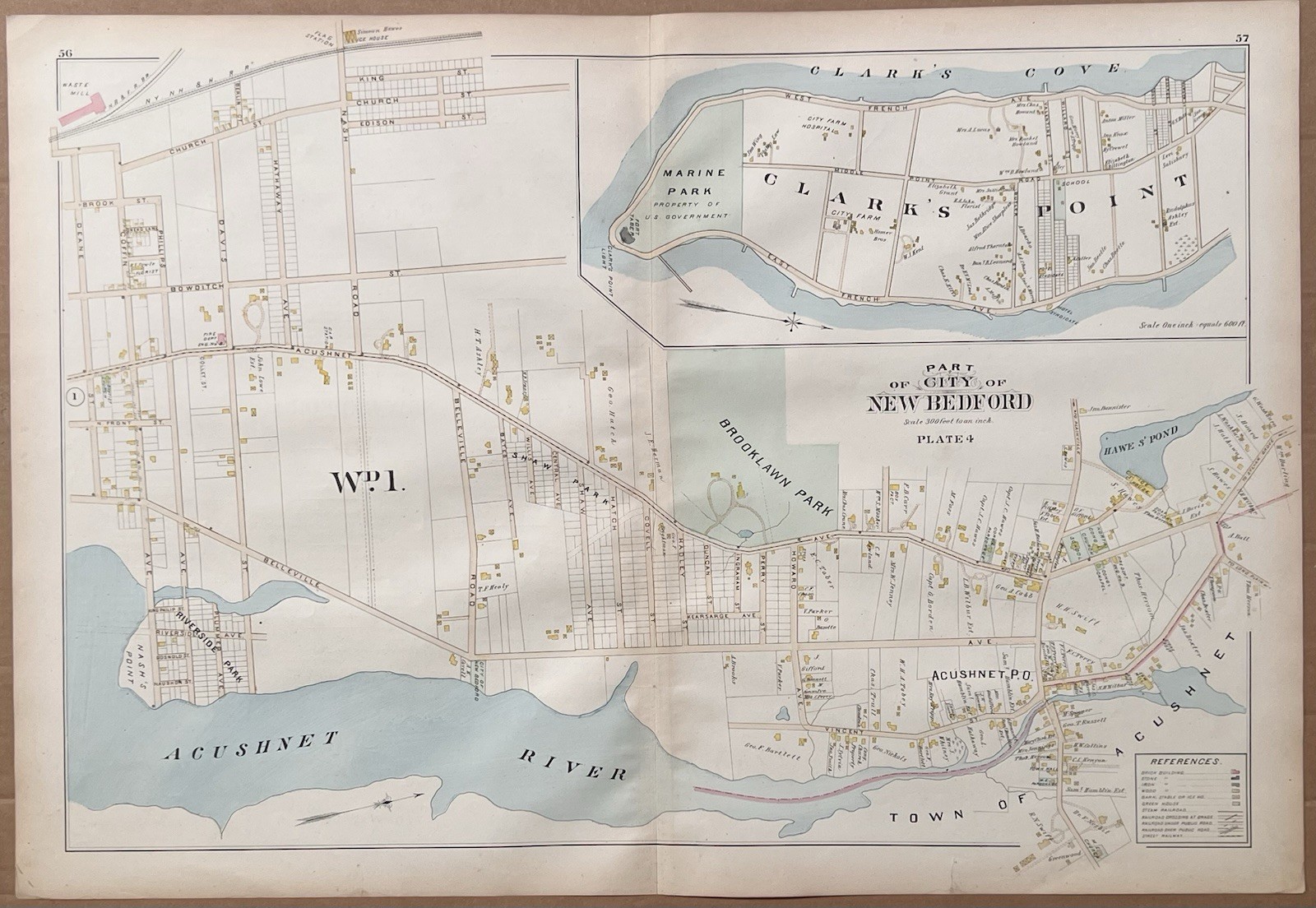 Orig 1895 Map New Bedford,Acushnet River,Clarks Point Cove,Not Repro,Mass,MA,P4