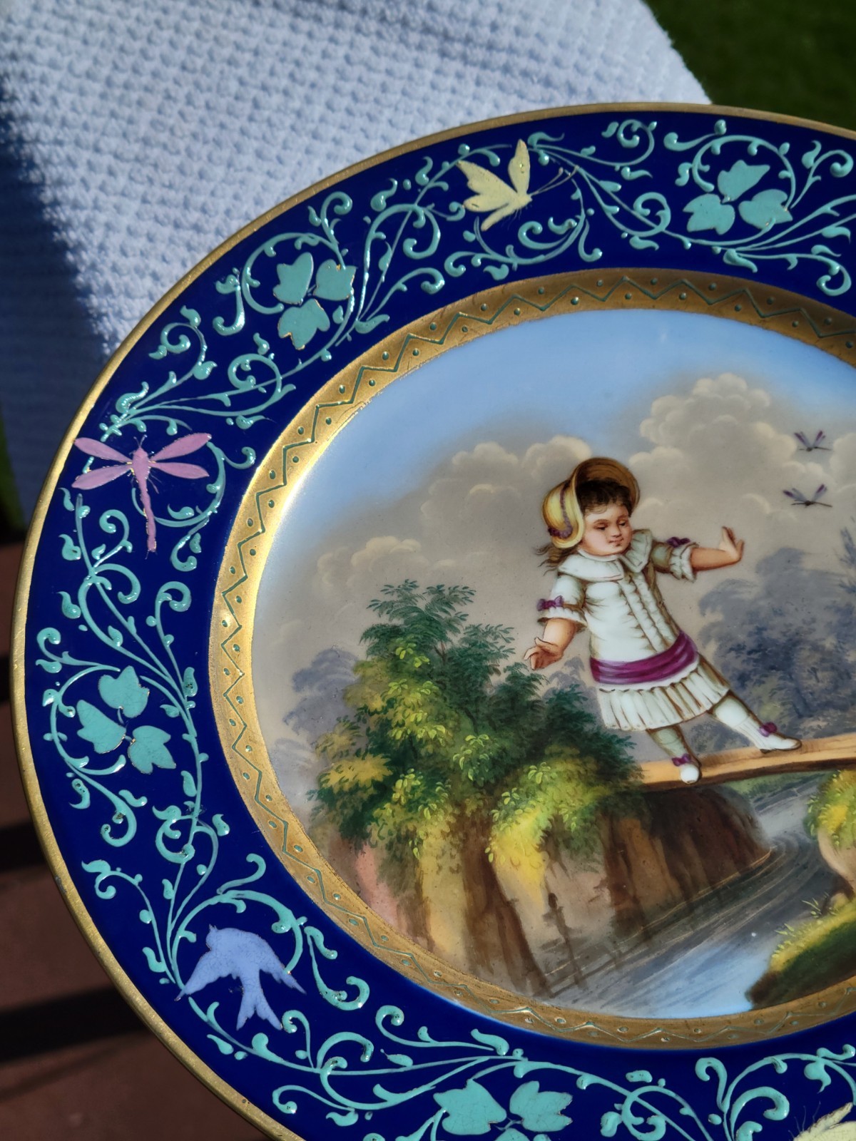 Antique Victorian Cobalt Royal Vienna Hand Painted Girl Butterfly Portrait Plate