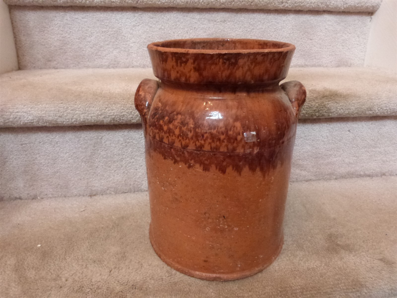 ANTIQUE Redware butter churn Crock Manganese Sponge ear handle 11.25×8.5″ No Lid