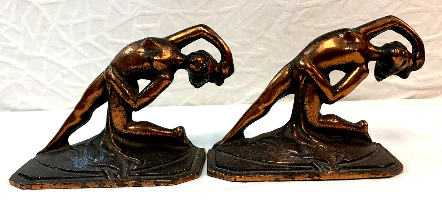 Pair of Antique Art Deco Nouveau Flowing Figural Female Nude Cast Iron Bookends