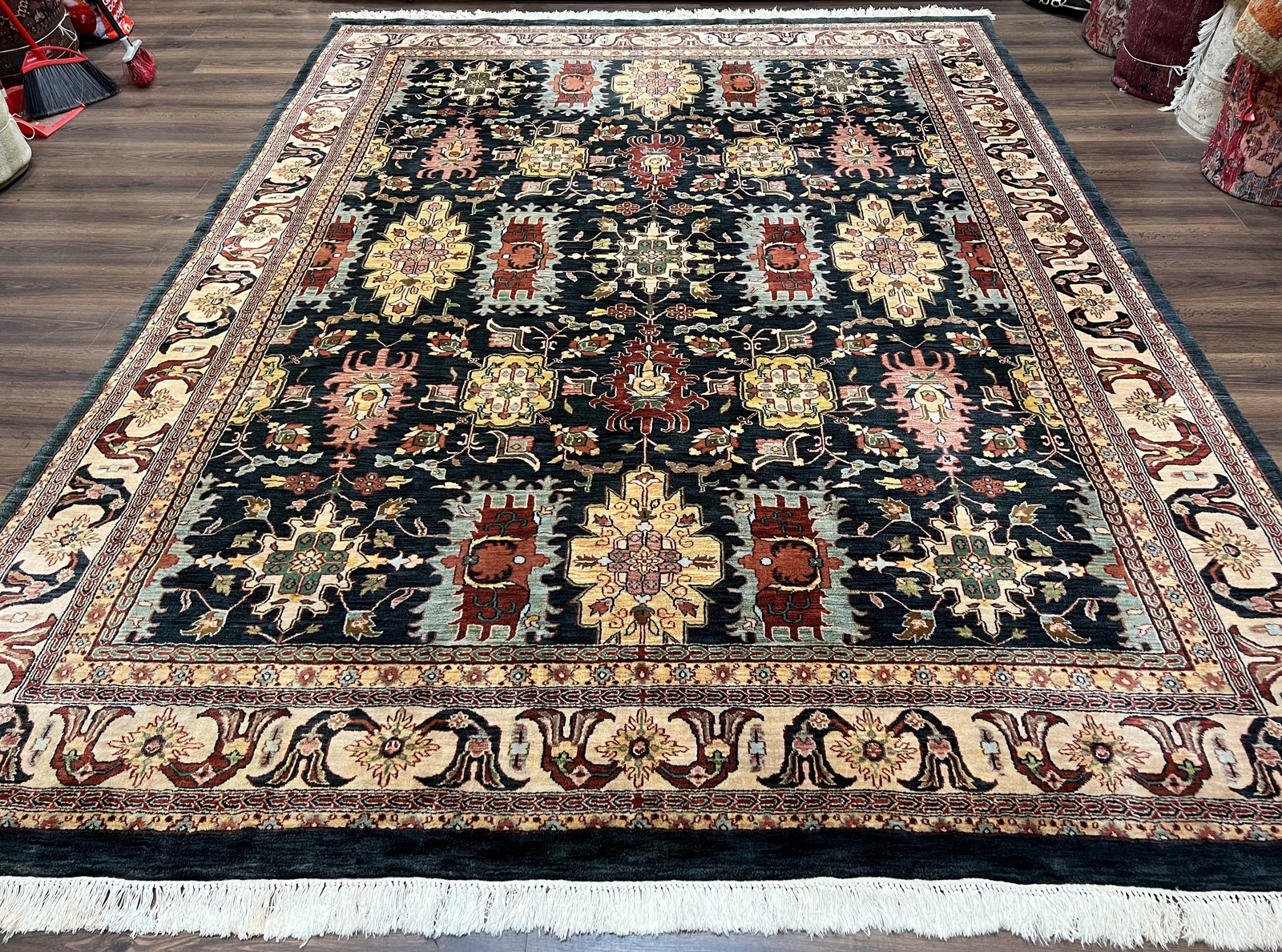 Indian Oriental Rug 9×12 Dark Green and Cream Hand Knotted Wool Mahal Carpet