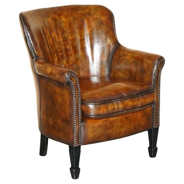 VINTAGE HAND DYED CIGAR BROWN LEATHER TUB CLUB ARMCHAIR HAND STUDDED UPHOLSTERY