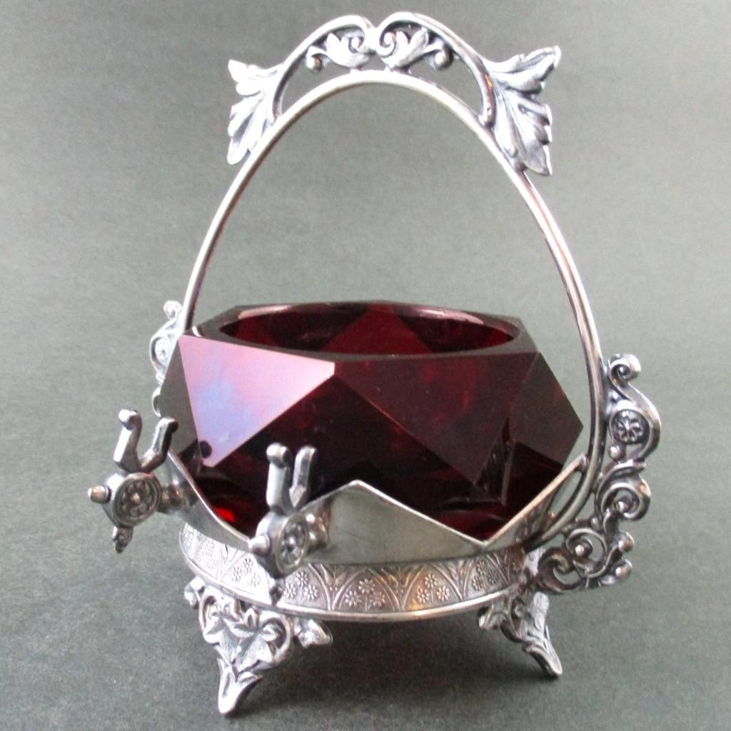 Ruby RED glass Master OPEN SALT – TORONTO S.P. #627 – Quad Silver Holder, Spoon