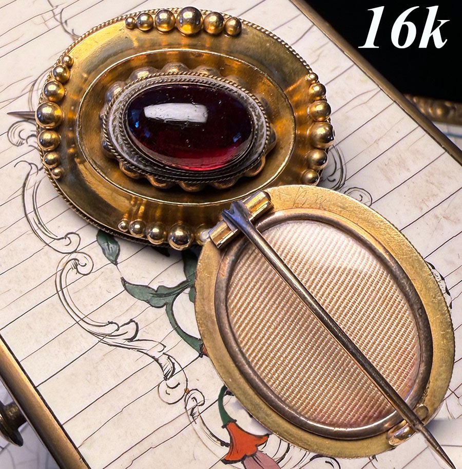 Antique Victorian English 16k Locket Memento or Mourning Brooch, Garnet Cabochon