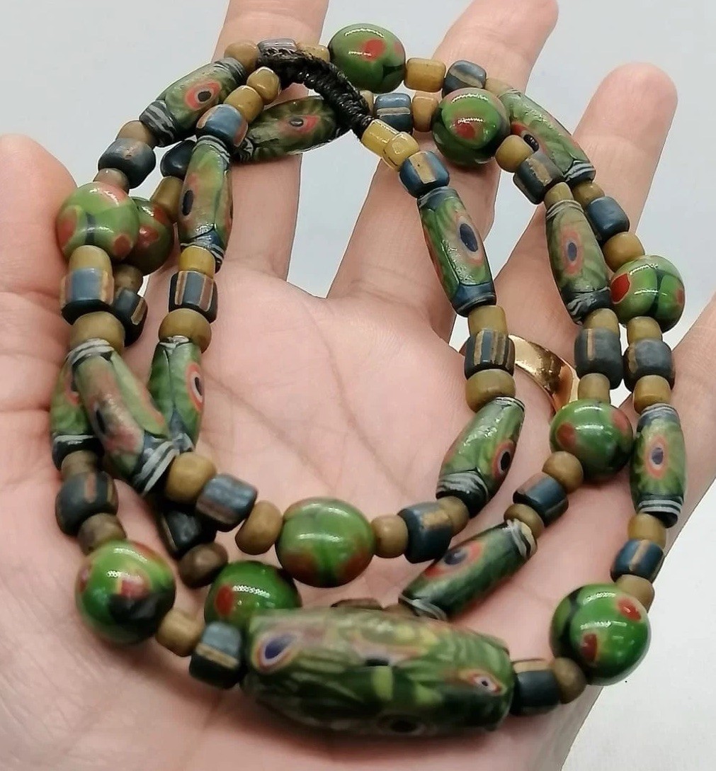 Antique Green Eye Glass Trade Bead Necklace Mosaic Venetian Strand Roman