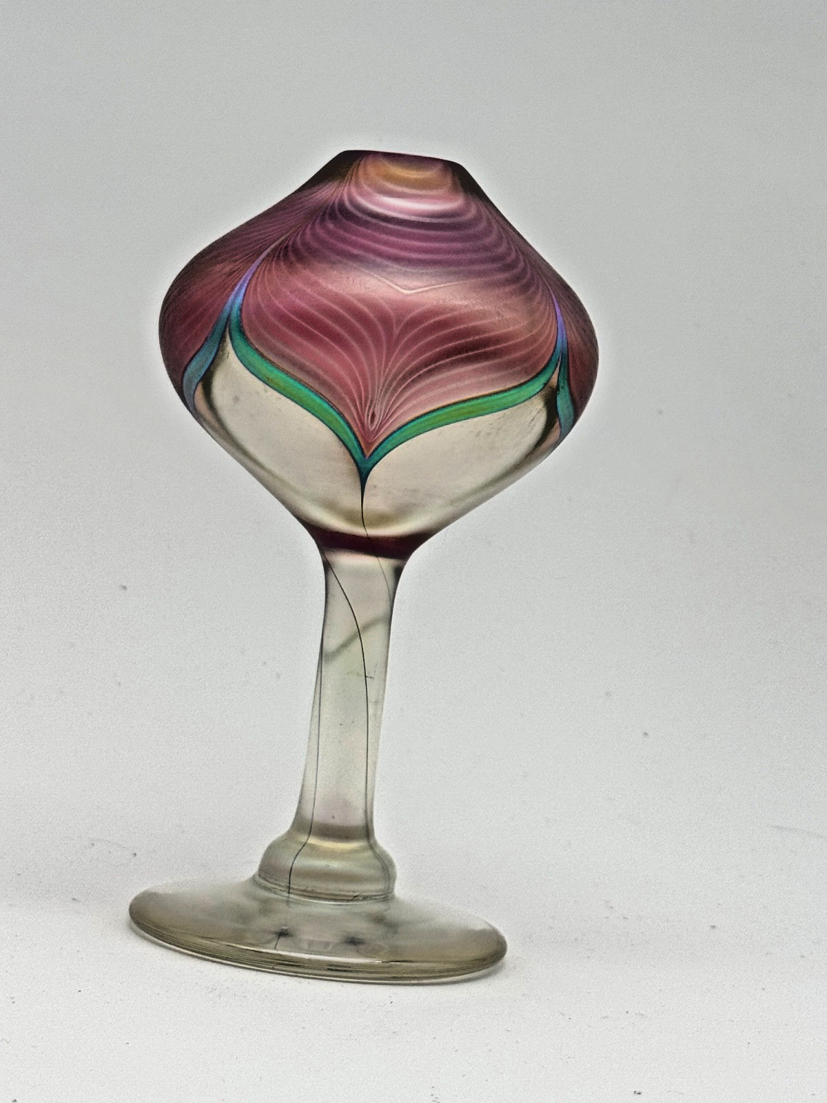 Signed Abelman Art Glass Oil Lamp 1990 Pink Gold Green Cut Swirl Stemmed