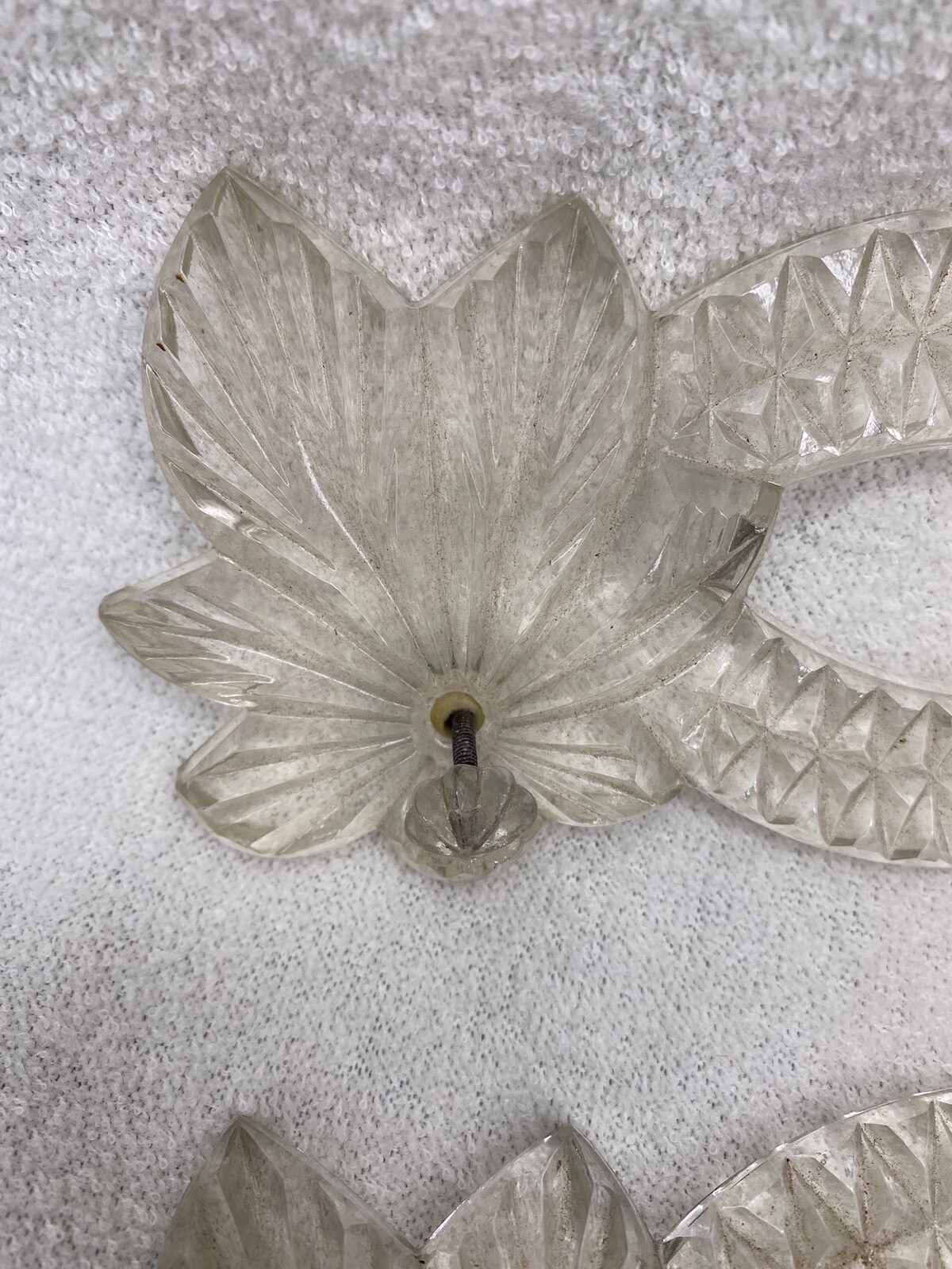 VINTAGE ART DECO Pressed GLASS Drawer Pulls VANITY TRAY HANDLES W KNOB SCREWS
