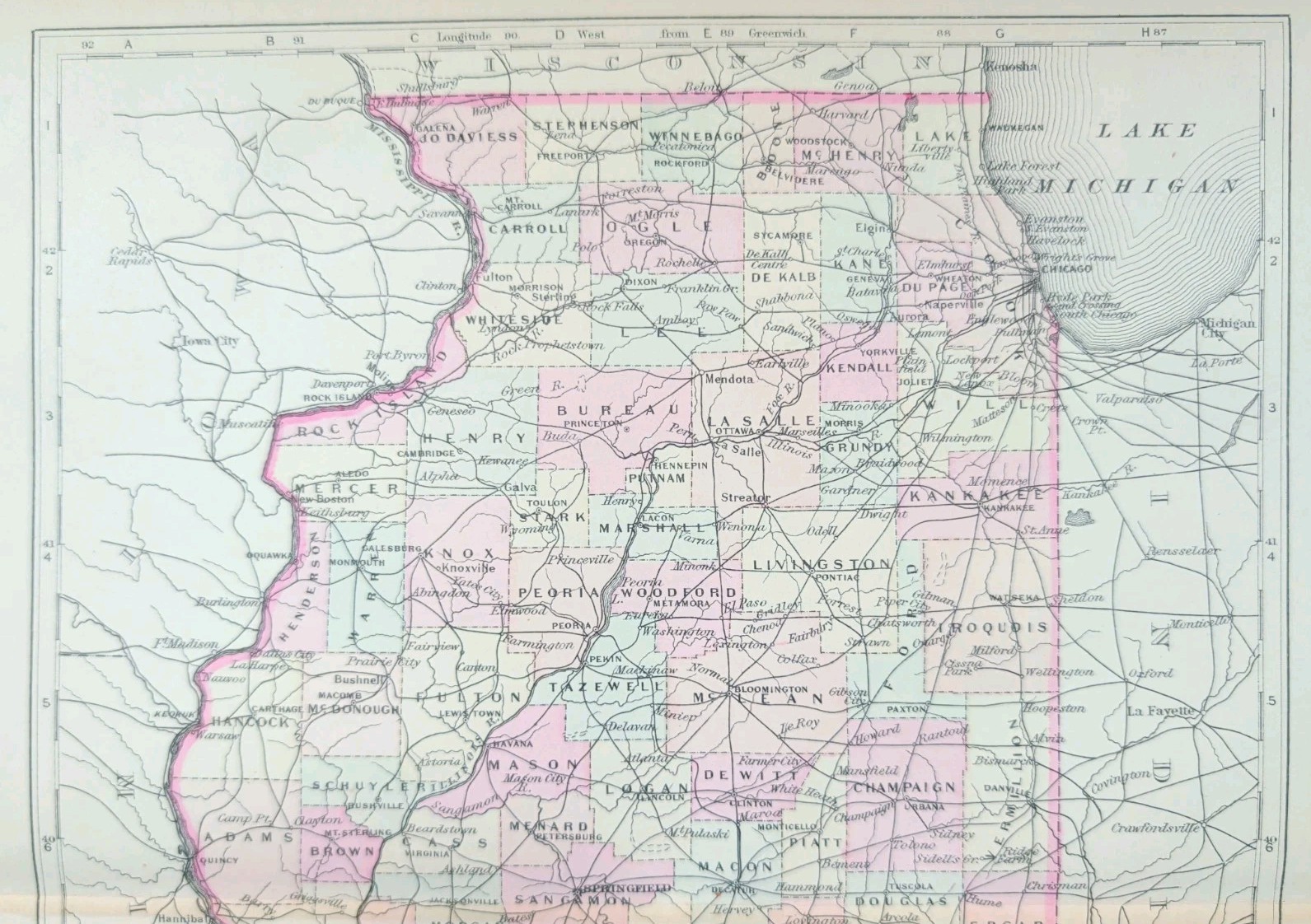 Antique 1885 ILLINOIS Map ~ Authentic Old Original AJ JOHNSON COPPER PLATE