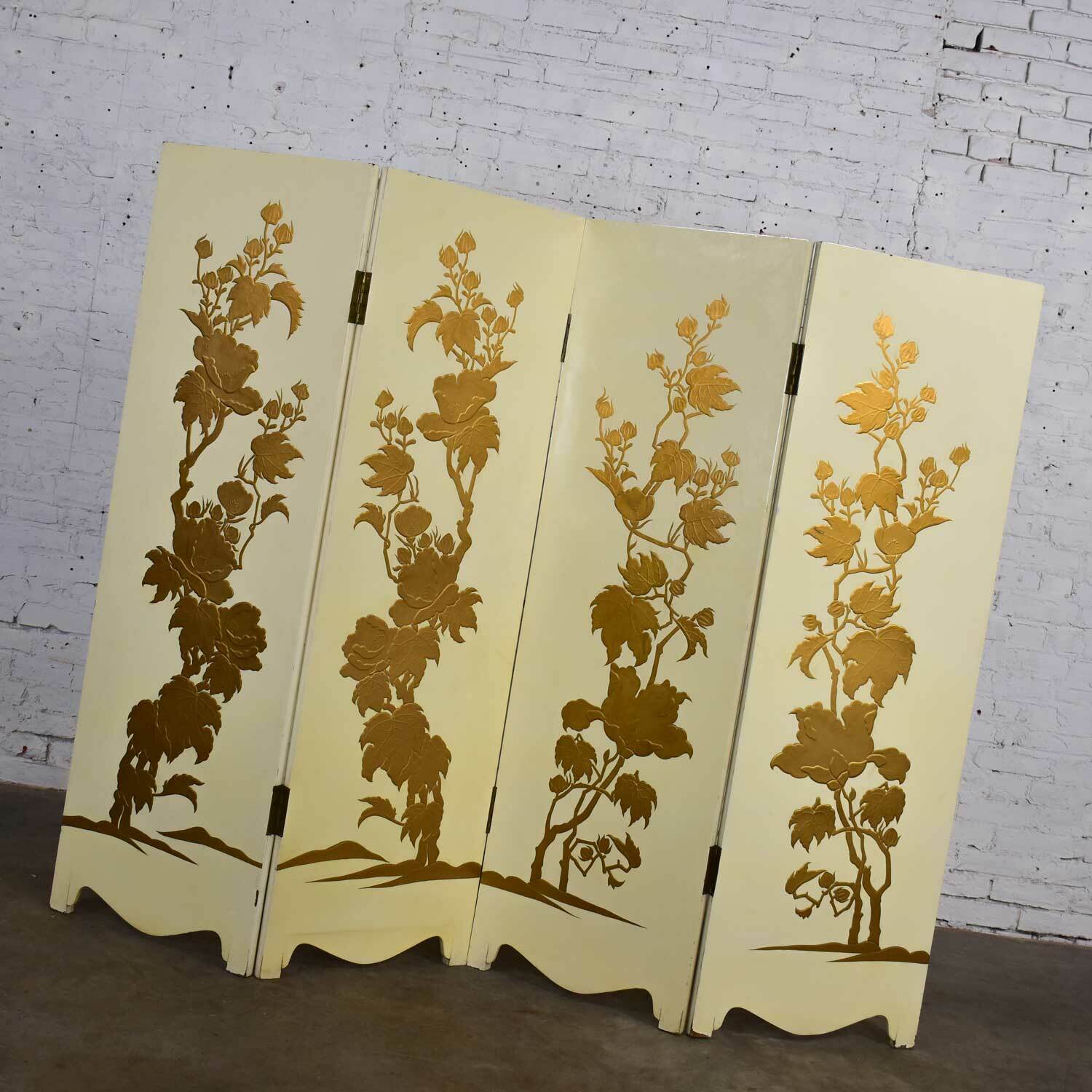 White Hollywood Regency BoHo Chic 4 Panel Folding Screen Floral Embossed Design