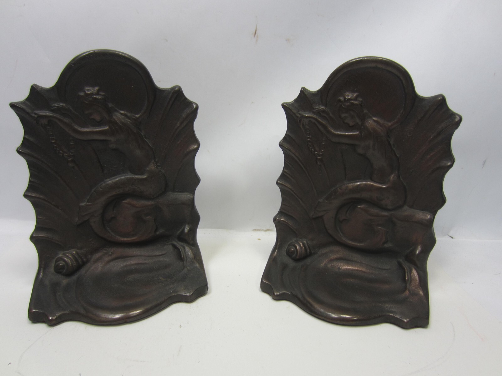 Pair of Antique Cast Iron Art Nouveau Mermaid Bookends