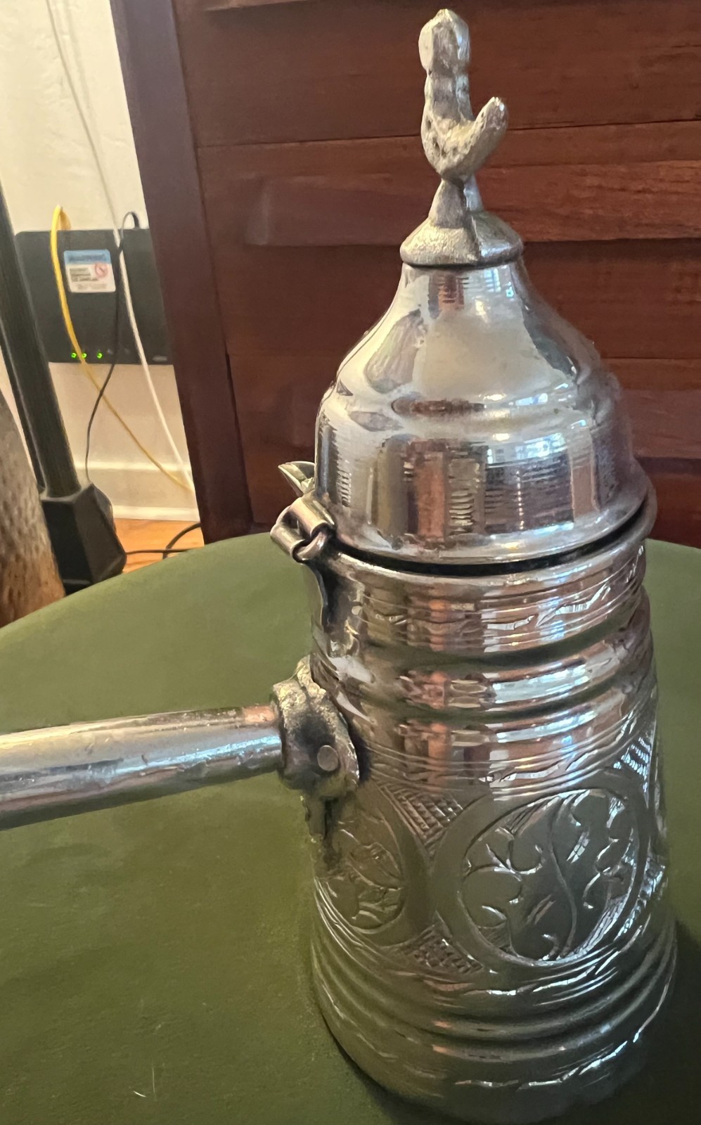 Vintage Middle Eastern Dallah Coffee Pot Hand Engraved Silver Plated 7″ Bird Lid