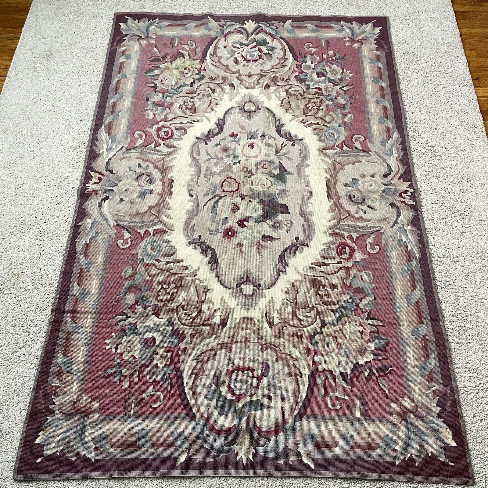 ORNATE Vintage FRENCH AUBUSSON Pink WOOL Hand-Made NEEDLEPOINT Area RUG