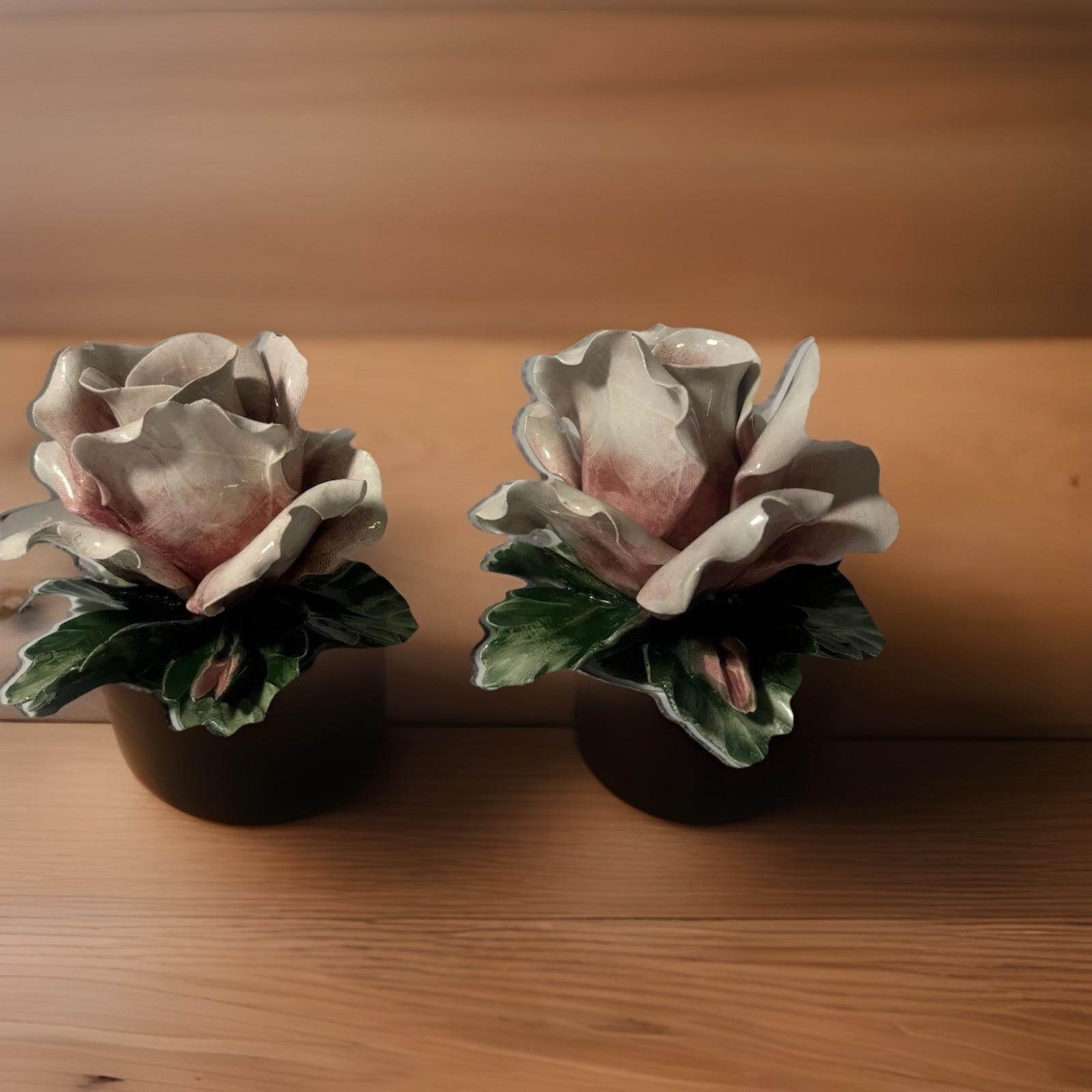 Vintage S. Rioleva Italy Hand Painted Capodimonte Pink Rose Candle Holder Set