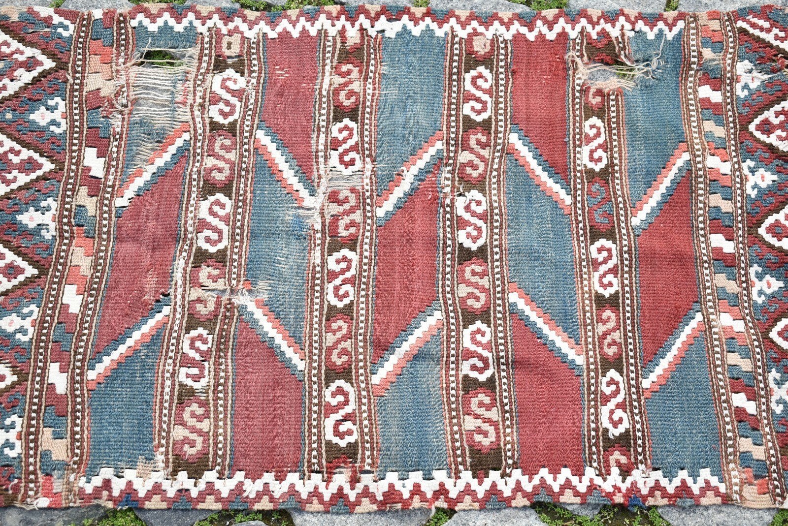 Terrific Antique Turkish Helvaci Kilim Yastik Collector’s Piece Distressed Kilim