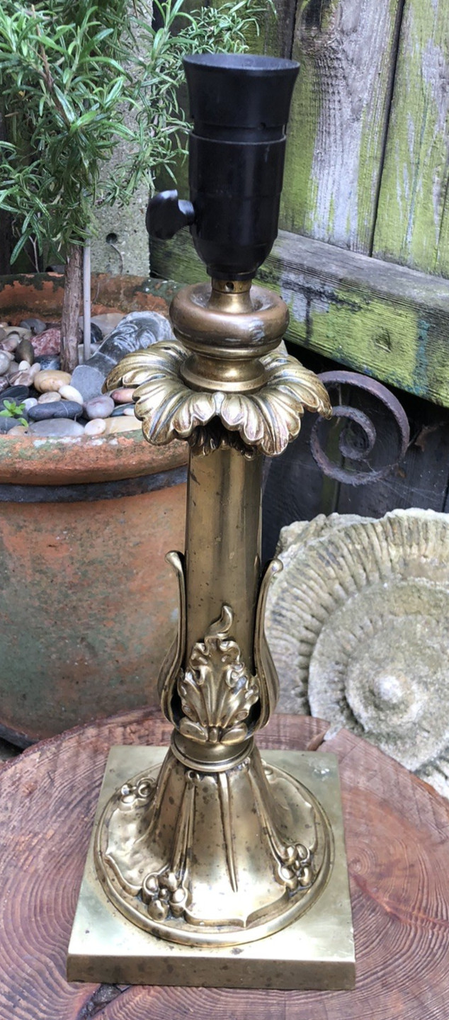 Lamp base Antique Victorian brass column corinthian floral leaf decoration 17″hg