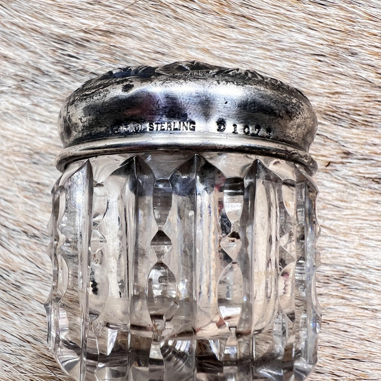 Antique Gorham Sterling Silver Crystal Vanity Jar Floral Repousse