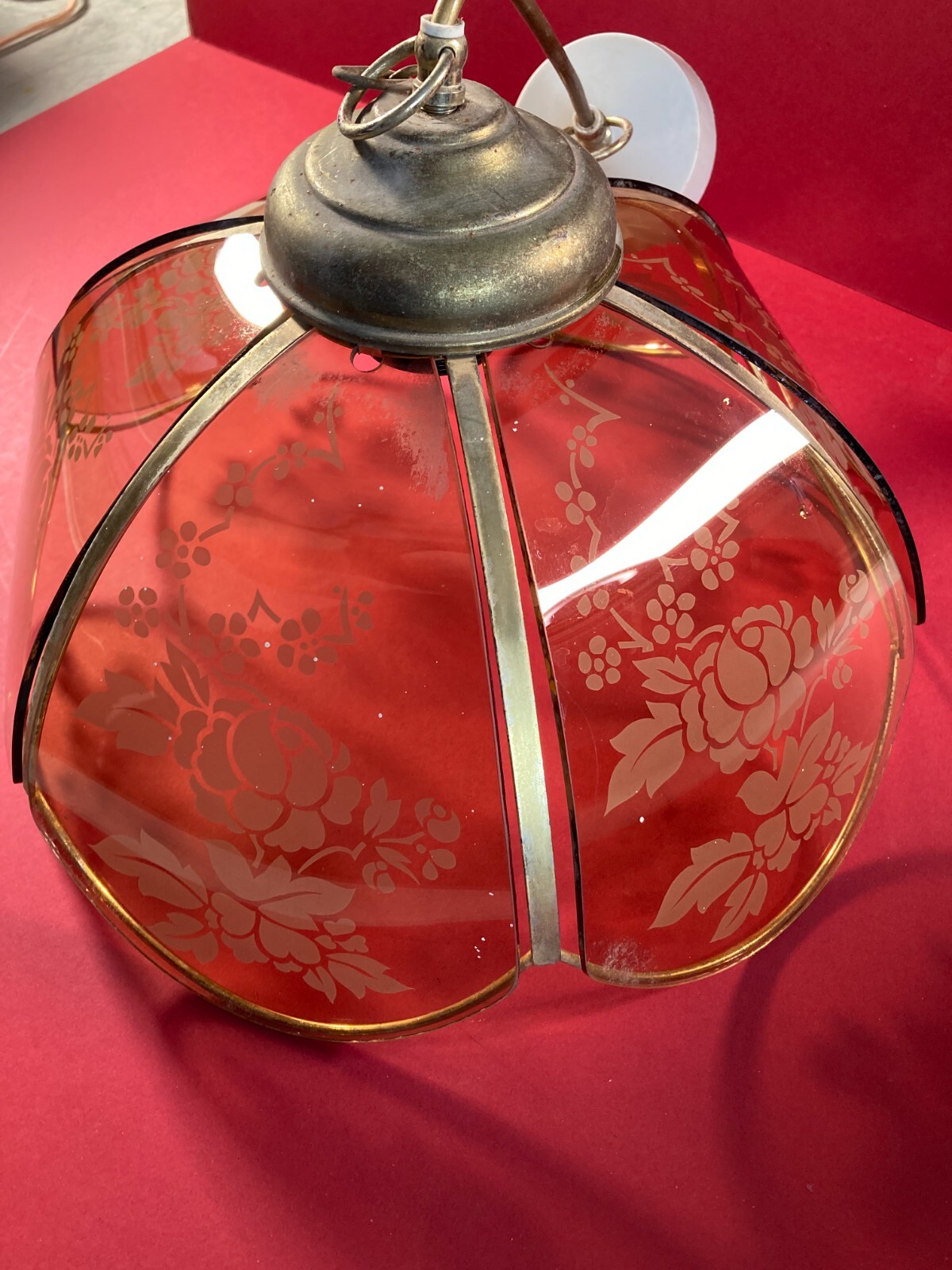 Beautiful Vintage Pendant Light Fitting with Etched Glass and Brass Hardware
