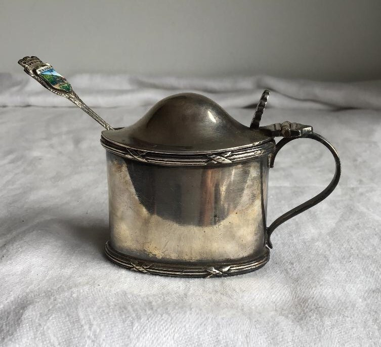 Vintage silver plated Mustard / condiment pot, cobalt glass liner Martin Hall.