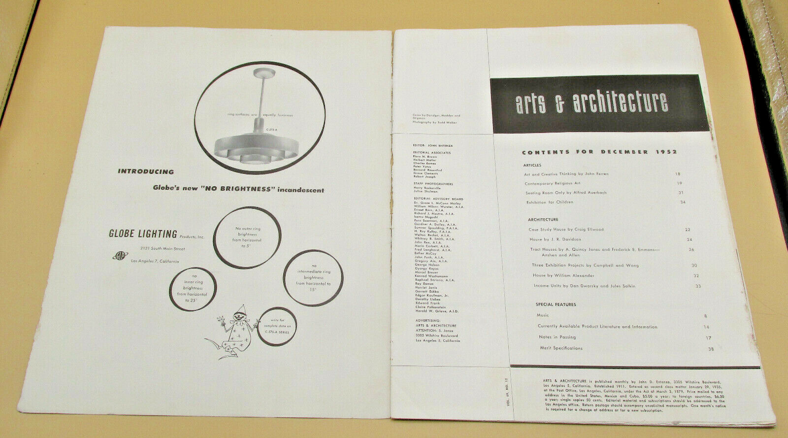Original Issue Arts & Architecture Magazine December 1952 Loose Pages