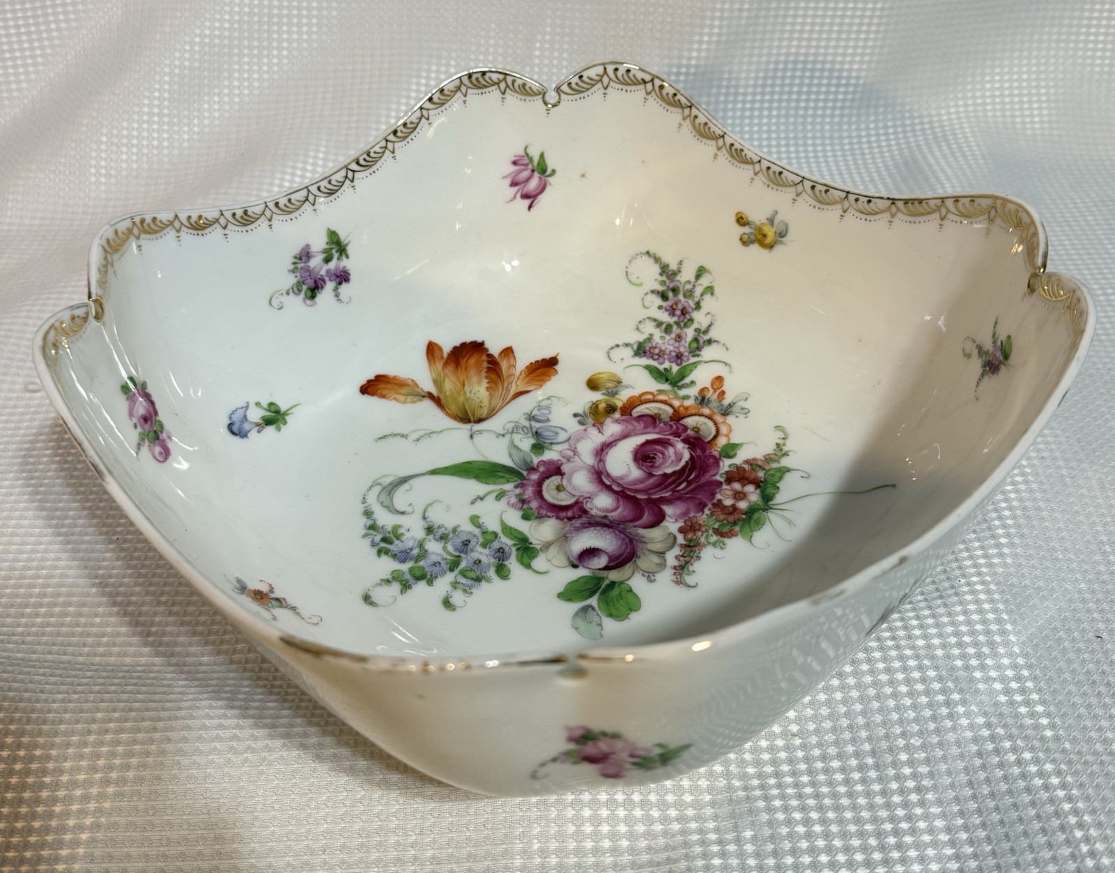 RARE Sitzendorf Porcelain Factory CENTER BOWL * Cut Corner Gilt Floral * Germany