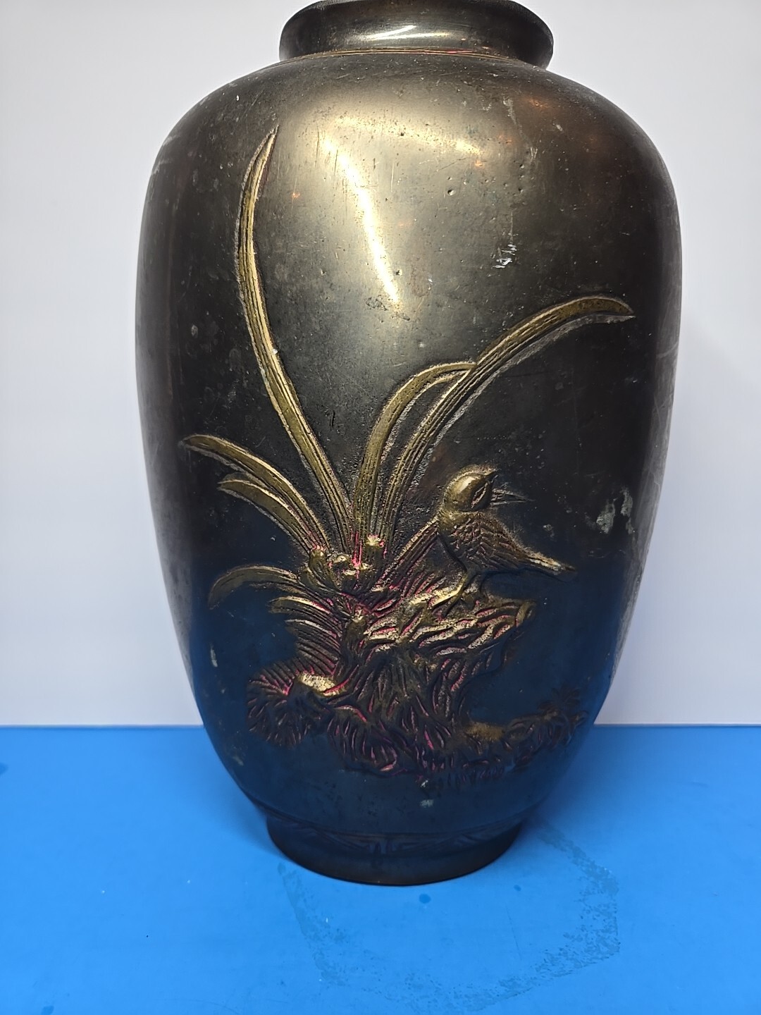 ANTIQUE JAPANESE MIXED METAL BRONZE – OVAL VASE-BRASS RELIEF-6.5 X 5.5 X 10-