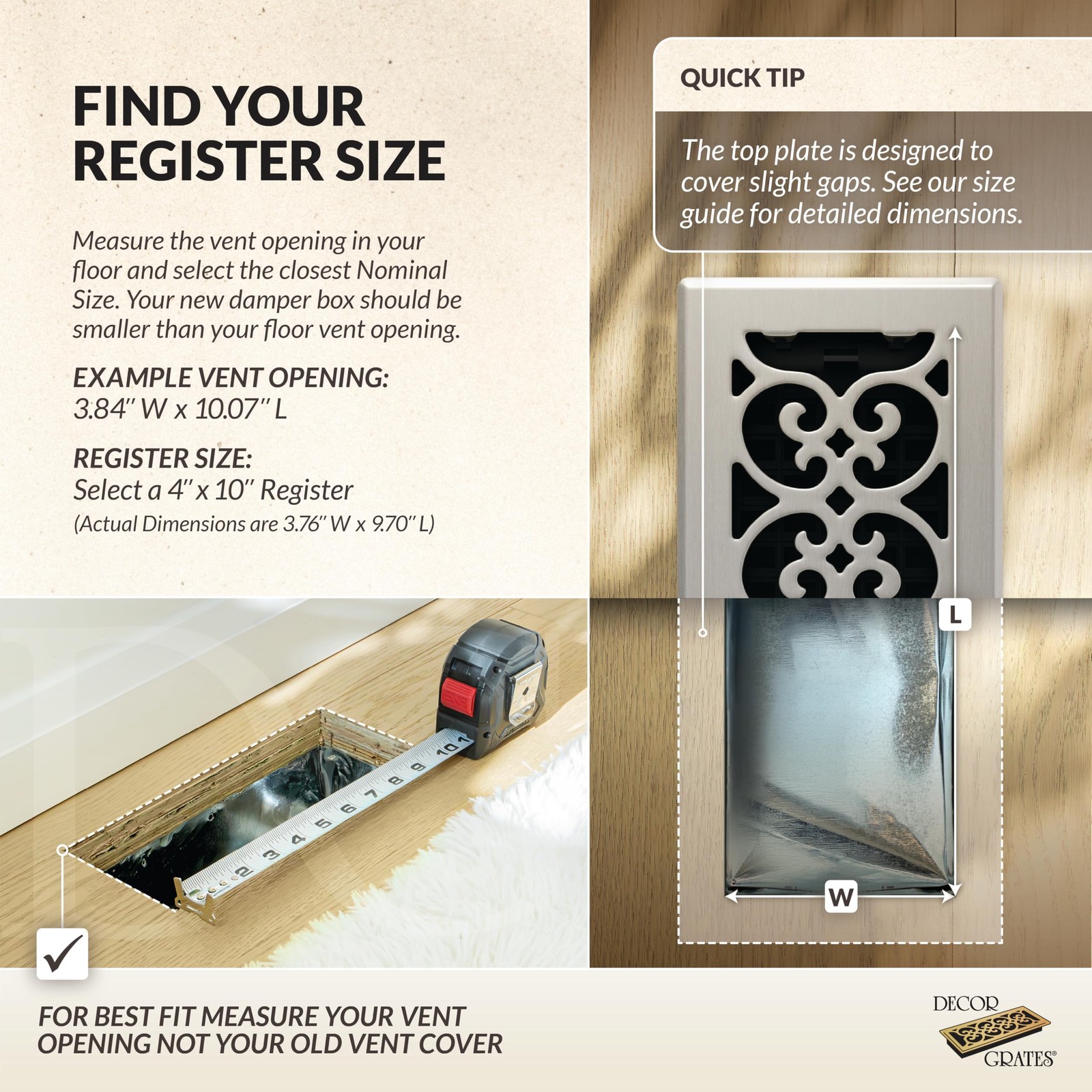 Decor Grates SPH410-NKL Scroll Floor Register, 4×10, Brushed Nickel Finish