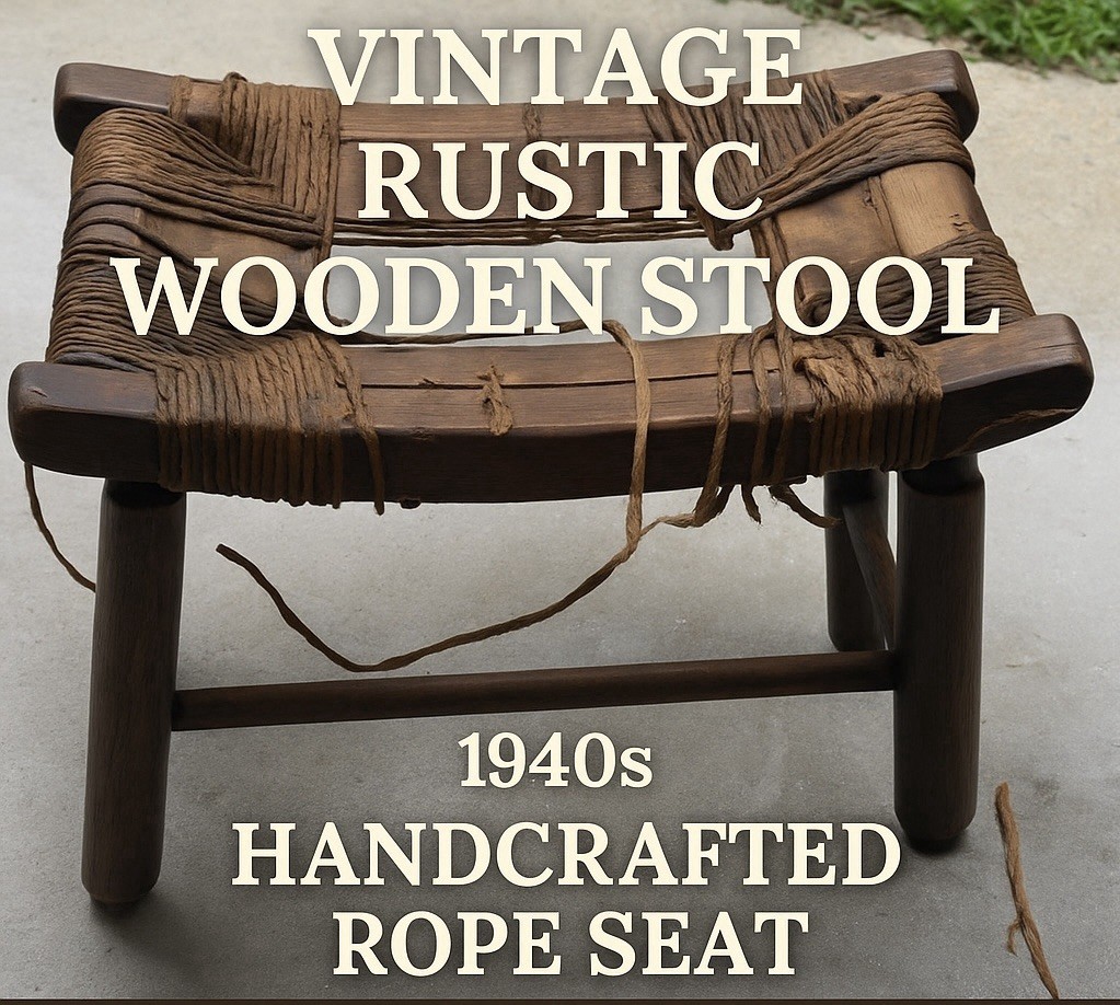 🌿 Vintage 1940s Handcrafted Stool | Woven Rope Seat | Rustic Folk Art Accent