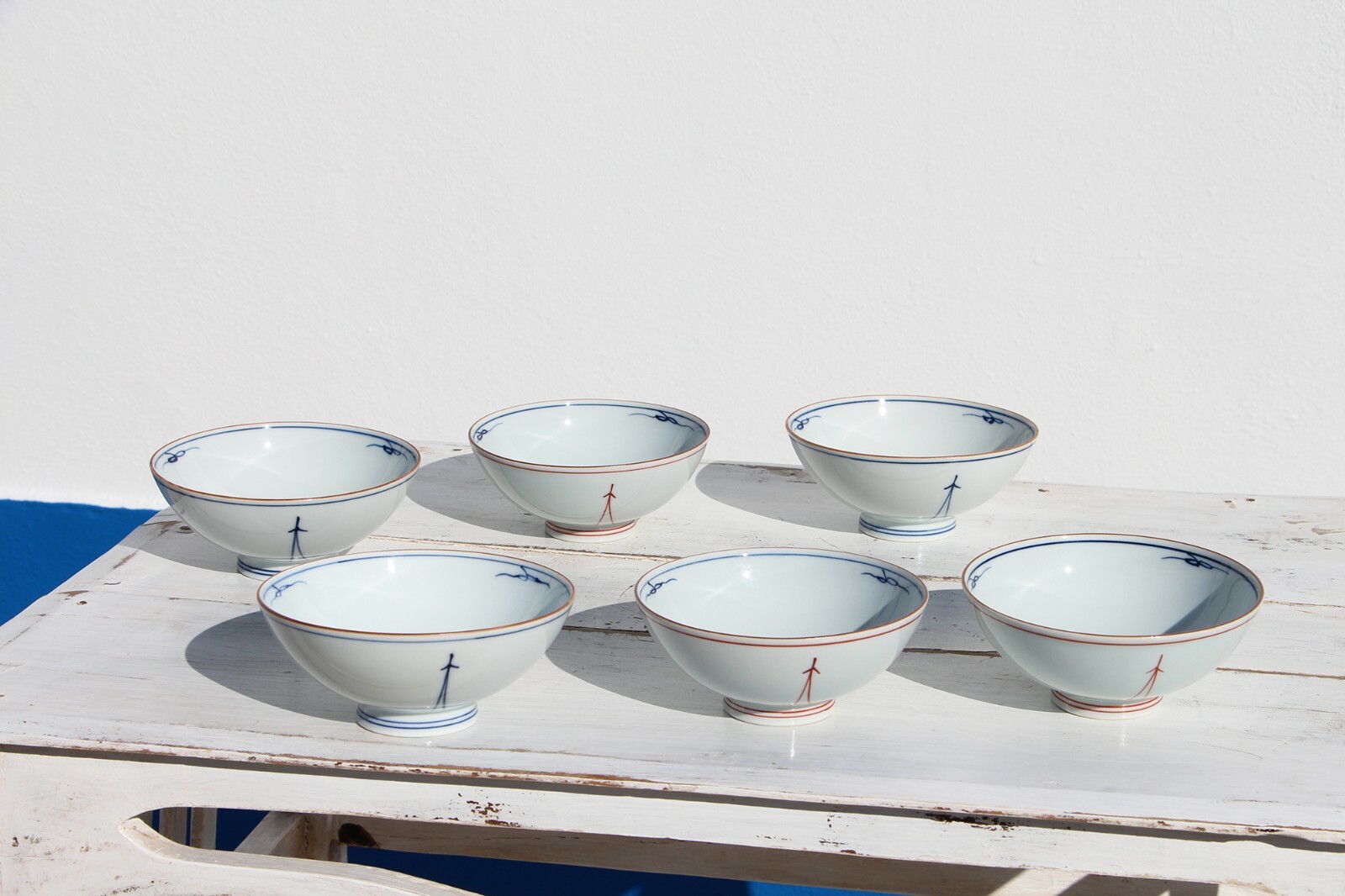 Mid-Century Japanese Set of Six Blue, White and Brown Porcelain Bowls