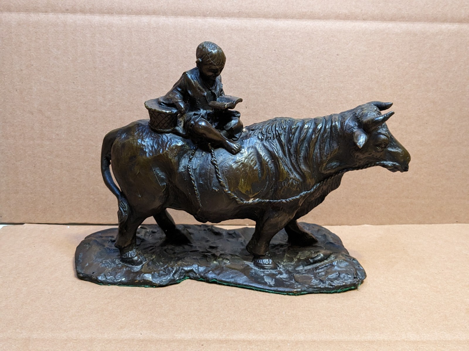Vintage Chinese Bronze Tongzi Boy Reading on Bull Ox Sculpture Figurine