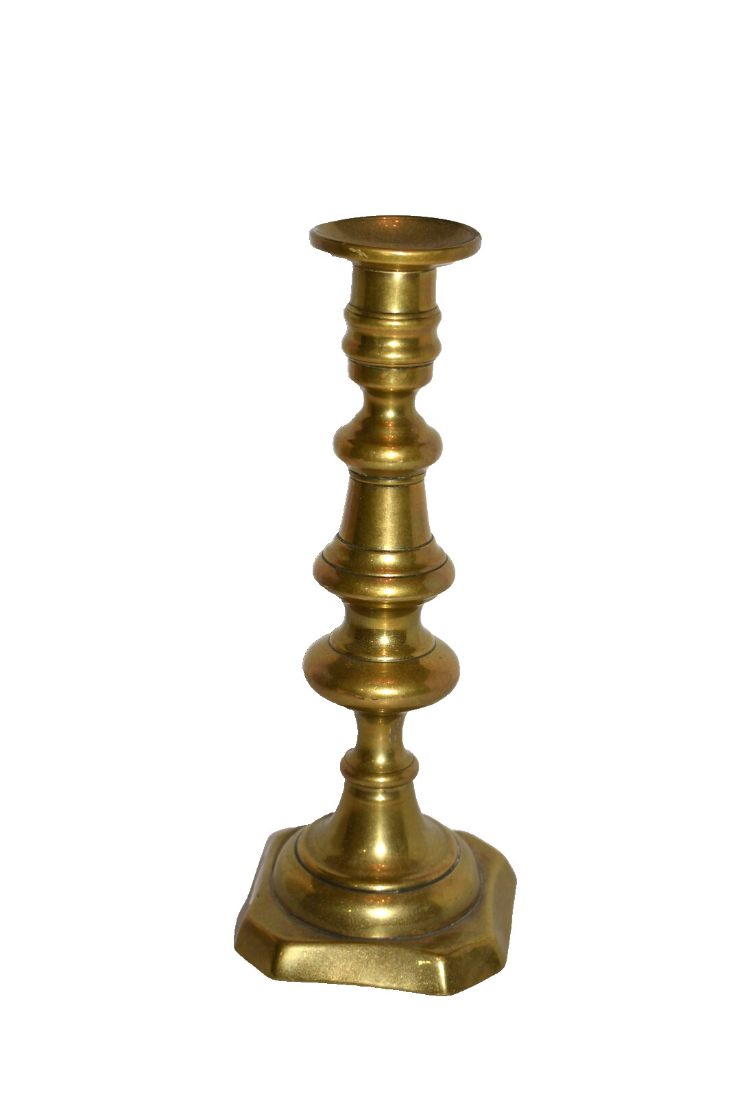 Antique Brass Candlestick Push Up Large Diamond English 19th Century 10 Inches