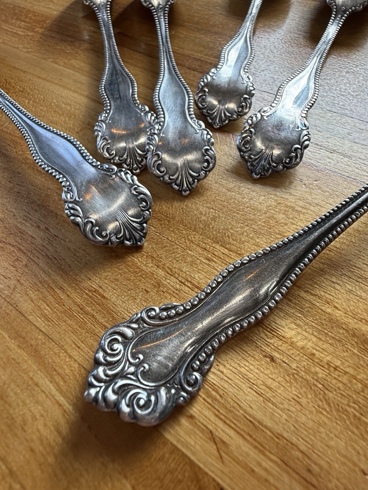 Set of 6 M.S. Benedict Teaspoons Silver Plated Beaded Ornate 6″ Antique Flatware