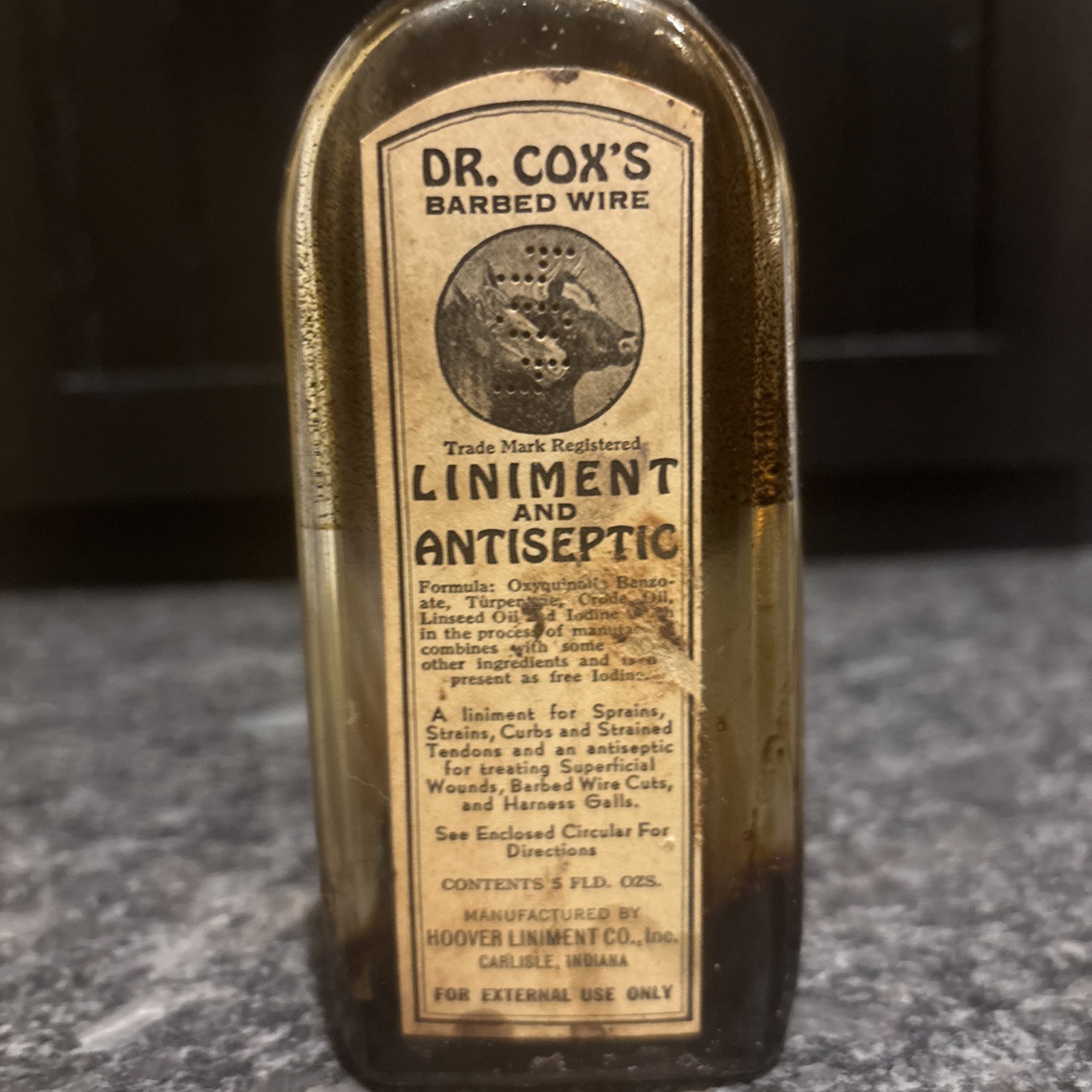 Dr. Cox’s Barbed Wire Liniment & Antiseptic Bottle With Paper Label; Carlisle IN