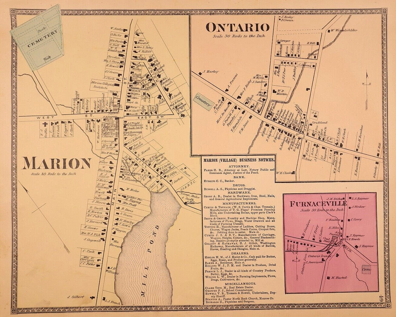 1874 Plat Map ~ MARION, ONTARIO & FURNACEVILLE, WAYNE Co., NEW YORK – (13×16)-#4
