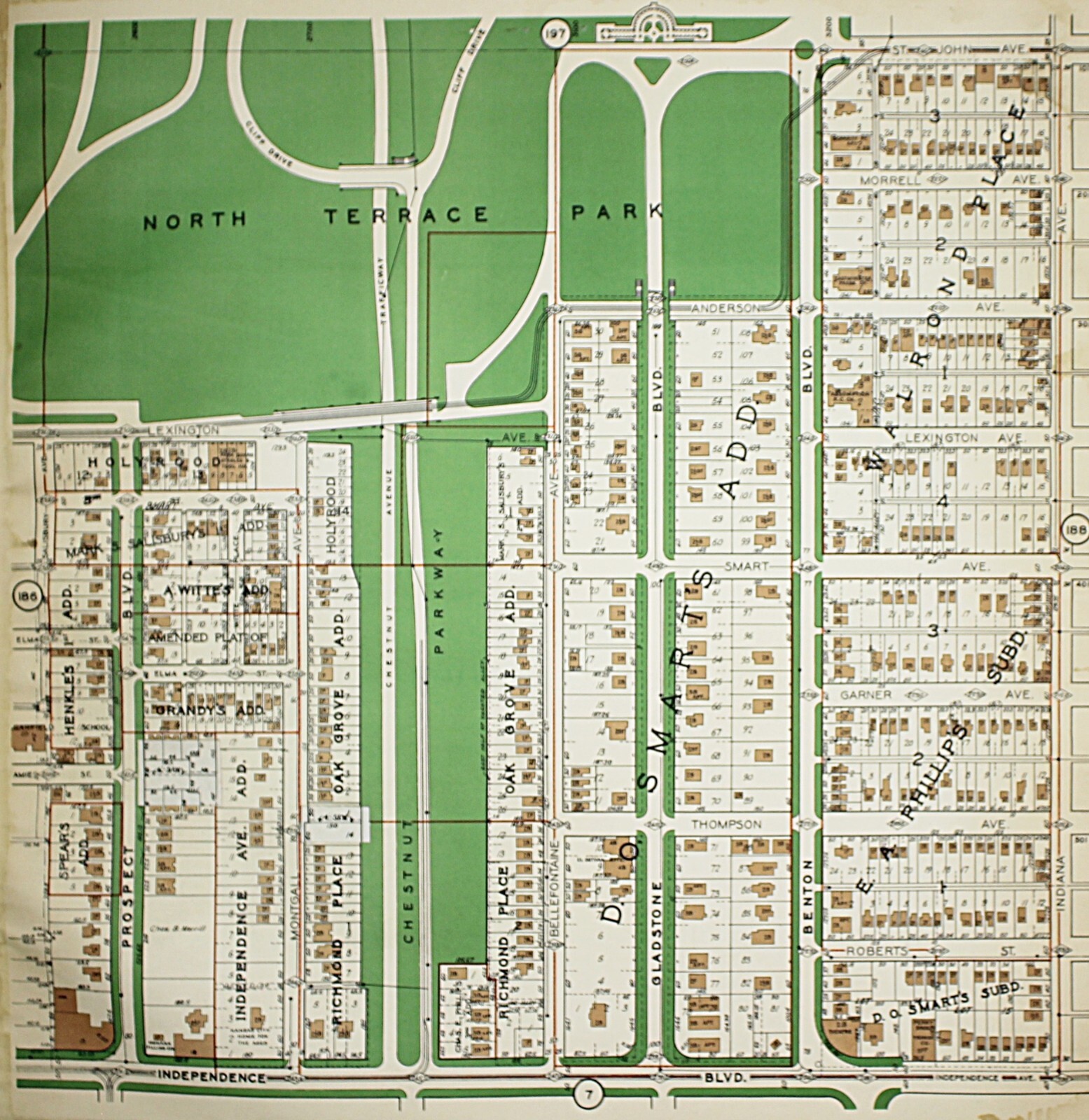 1925 Kansas City Missouri Atlas Plat Map RARE Color Lithograph Plate #186 & 187