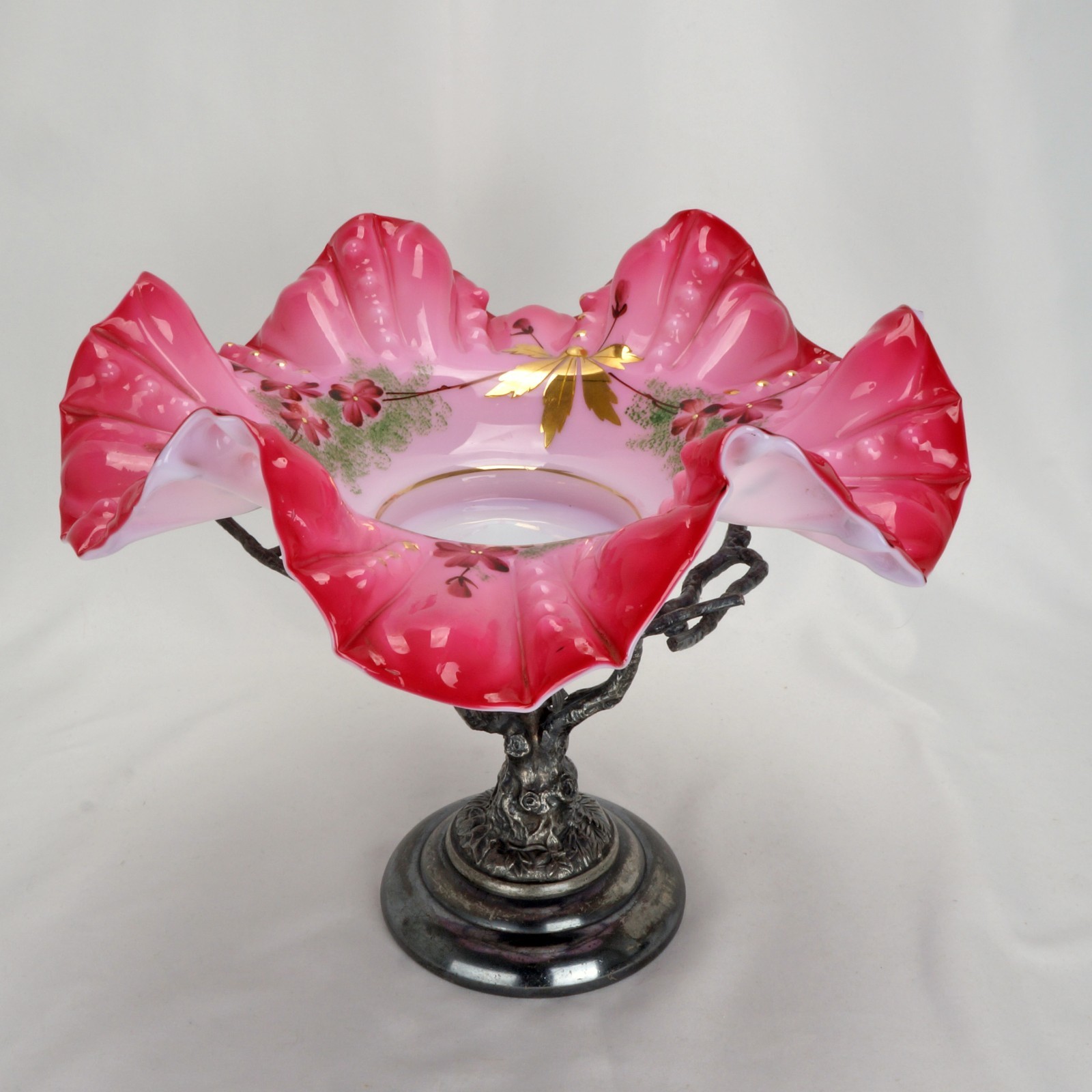 Victorian Aurora Silver Plate Stand & Austrian Cased Glass Painted Bowl 19th C