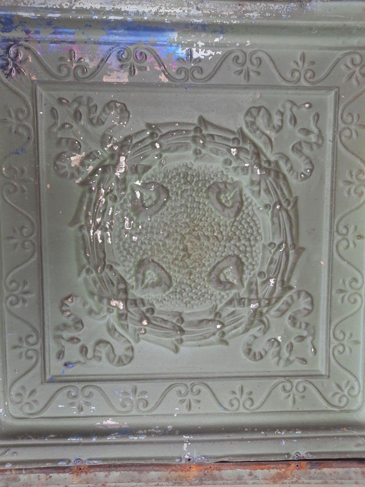 Victorian Pressed Tin Ceiling, 2’x2′, Wreath. Salvage, Shabby, Chippy