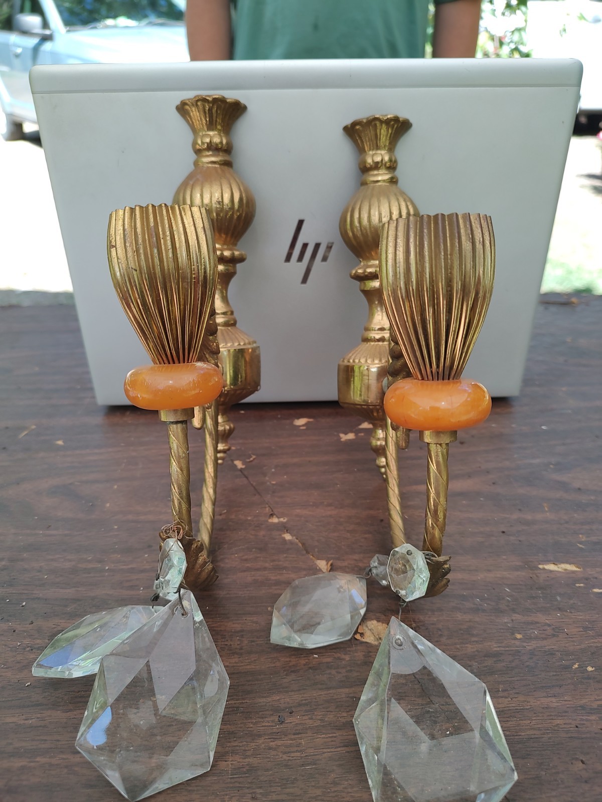 Vintage Brass Wall Scones With Prism Electric