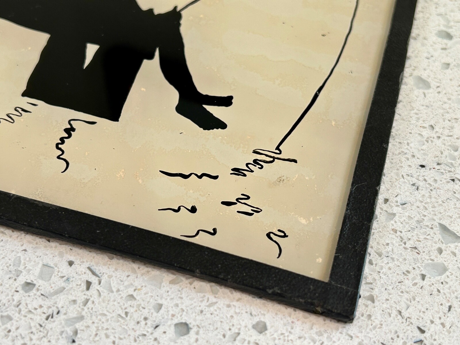 1932 Dated – Silhouette Picture Reverse Painted on Glass – Kids Fishing – NICE!