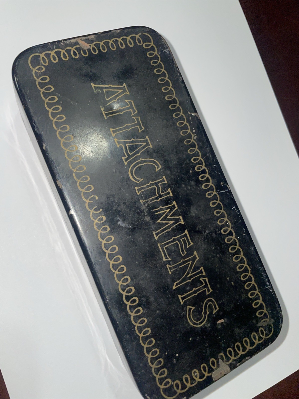 Antique Sewing Machine Attachments in original metal Box